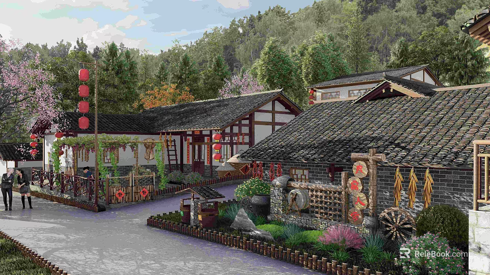 Traditional Countryside Architecture With Classic Roof Red Lanterns And Green Trees Around 3d model 