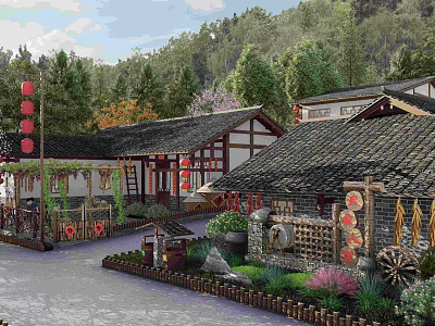 Traditional Countryside Architecture With Classic Roof Red Lanterns And Green Trees Around 3d model