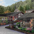 Traditional Countryside Architecture With Classic Roof Red Lanterns And Green Trees Around