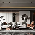 Modern Living Room Interior Design With Light Sofa Wooden Coffee Table And Round Decorative Mirror