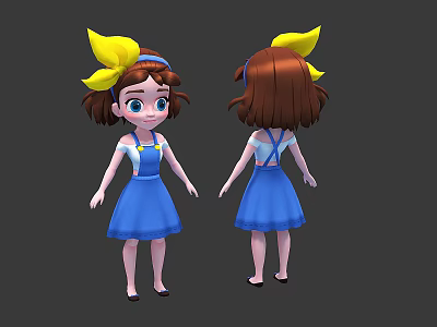 Animated Game Movie Character With Brown Short Hair Yellow Bow Blue Overalls Front Back Views 3d model