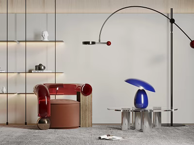 Red Accent Chair In Modern Living Room With Blue Mushroom Lamp And Side Table 3d model
