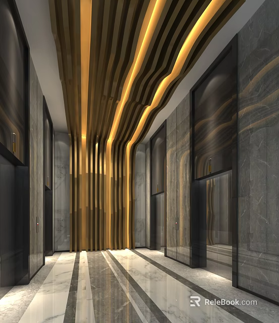 Elevator Lobby With Golden Decorative Strips Marble Walls And Modern Lighting 3d model 