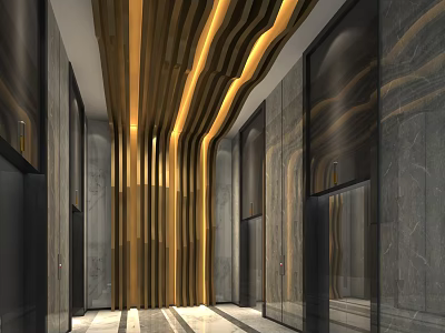 Elevator Lobby With Golden Decorative Strips Marble Walls And Modern Lighting 3d model