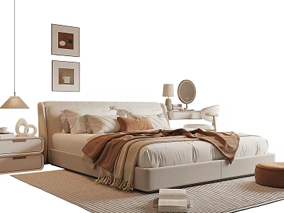 Beige Upholstered Double Bed With Pillows Blanket Bedside Table Lamp Decorative Paintings And Rug 3d model