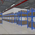 Organized Industrial Warehouse Storage With Blue Metal Shelves And Cardboard Boxes