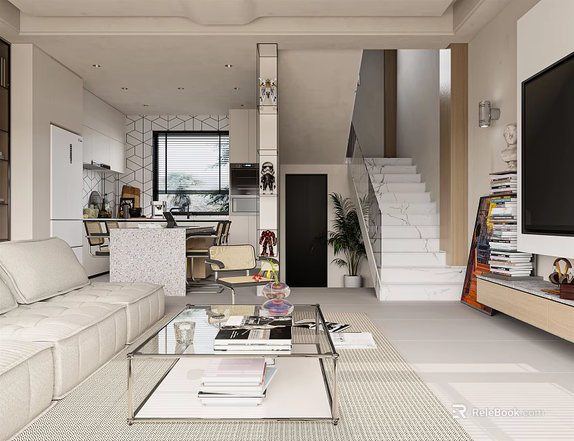 Modern Living Dining Room Open Layout With White Sofa Glass Coffee Table TV Staircase And Plant 3d model 