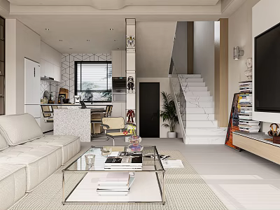 Modern Living Dining Room Open Layout With White Sofa Glass Coffee Table TV Staircase And Plant 3d model
