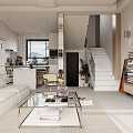 Modern Living Dining Room Open Layout With White Sofa Glass Coffee Table TV Staircase And Plant