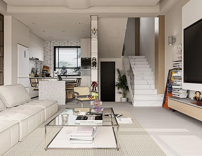 Modern Living Dining Room Open Layout With White Sofa Glass Coffee Table TV Staircase And Plant 3d model