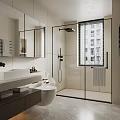 Modern Bathroom Interior With Glass Shower Enclosure White Vanity And Mirrors