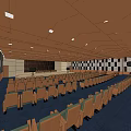 Large Conference Room Interior Featuring Seating Rows Blue Carpet Wooden Ceiling and Checkerboard Walls