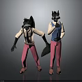 Two Wolf Characters Wearing Pink Striped Pants White Shirts Blue Vests Black Gloves With Tails