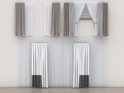 Modern Gray and White Curtains with Layered Panel Design for Home Window Decor 3d model