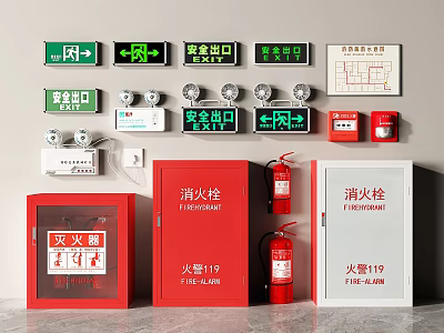 Essential Fire Safety Equipment With Hydrant Cabinets Extinguishers And Exit Signs 3d model