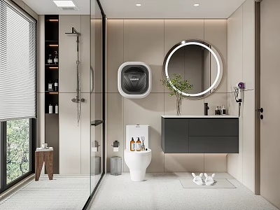 Modern Bathroom Interior With Glass Shower Round Illuminated Mirror Black Vanity White Toilet Green Plant 3d model