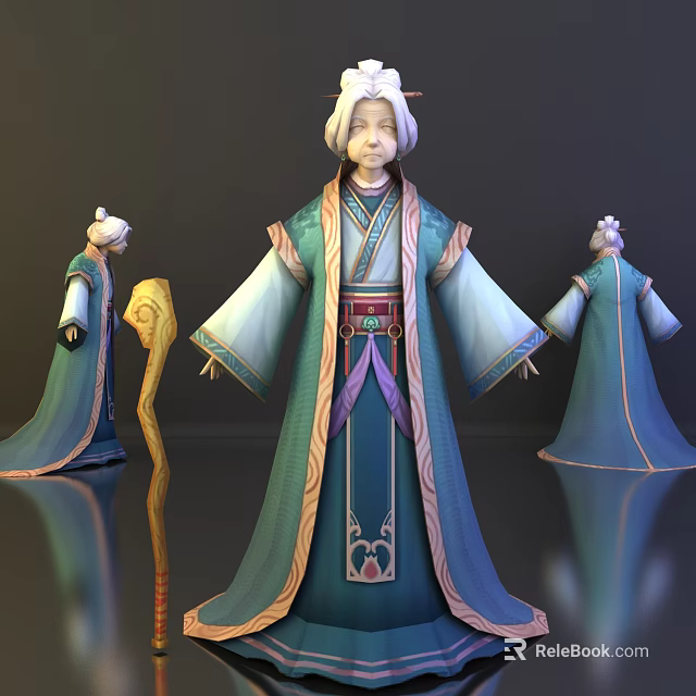 White Haired Game Movie Character In Traditional Robe With Staff 3d model 