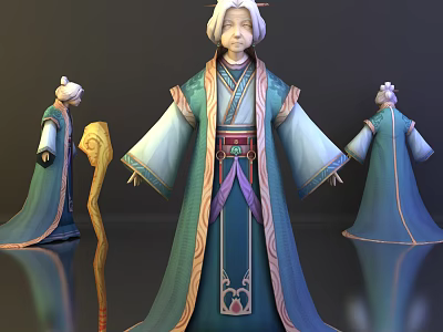 White Haired Game Movie Character In Traditional Robe With Staff 3d model