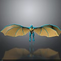 Blue And Yellow Dragon Character With Large Wings Standing On Dark Surface With Reflection
