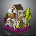 Cute Miniature House With Orange Roof Balcony Green Pink Trees Purple Lawn And White Goose