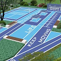 Sports Park Landscape with Keep Moving Life Track Tennis Court Benches and Trees
