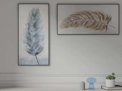 Modern Interior With Blue And Brown Feather Wall Art And Decorative Items 3d model