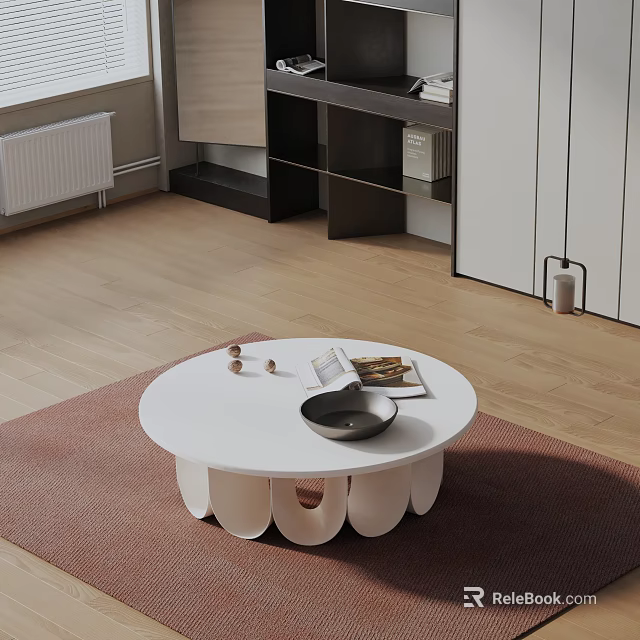 Sofa Coffee Table Combination With White Round Coffee Table Red Rug Wooden Floor And Black Bowl 3d model 