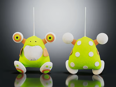 Green Plush Dolls With Big Round Eyes White Polka Dots And Head Antenna 3d model