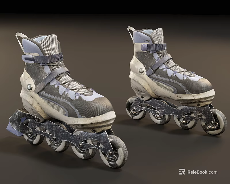 Gray and White Inline Skates with Lace Up Design Strap and Durable Wheels for Sports 3d model 