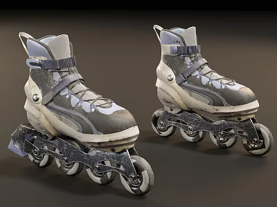 Gray and White Inline Skates with Lace Up Design Strap and Durable Wheels for Sports 3d model