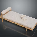 Minimalist Wooden Frame Daybed With Beige Fabric Cushion And Two Small Pillows