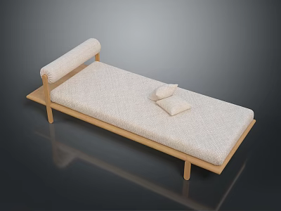 Minimalist Wooden Frame Daybed With Beige Fabric Cushion And Two Small Pillows 3d model