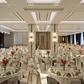 Elegant Banquet Hall With Marble Floor White Tables And Blue Curtains