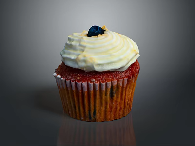 Delicious Red Cupcake With White Creamy Frosting Blueberry Topping And Textured Paper Liner 3d model