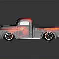 Classic Red Pickup Truck With Custom Flame Graphics And Shiny Finish