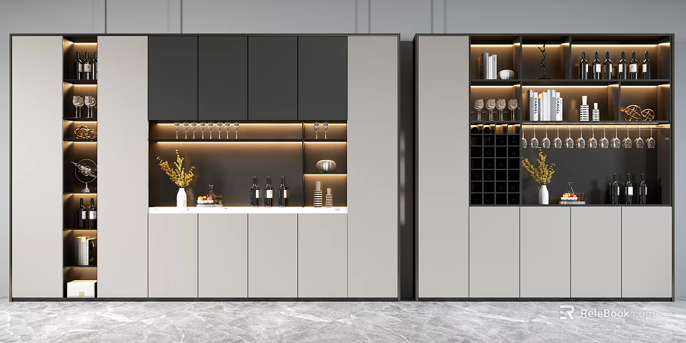 Modern Wine Cabinet with LED Lighting Wine Glasses Storage and Decorative Elements 3d model