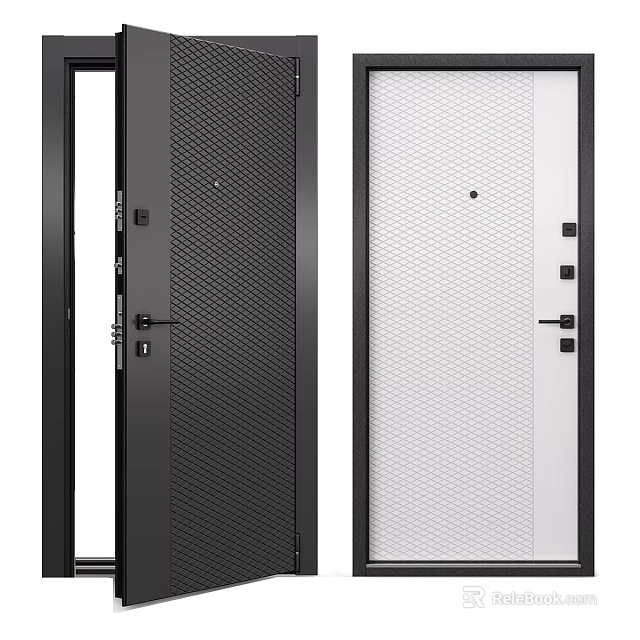 Modern Swing Door Design With Black White Textured Panels And Metal Frames 3d model