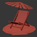 Red Frame Blue White Striped Lounge Chair With Yellow Umbrella On Sandy Platform