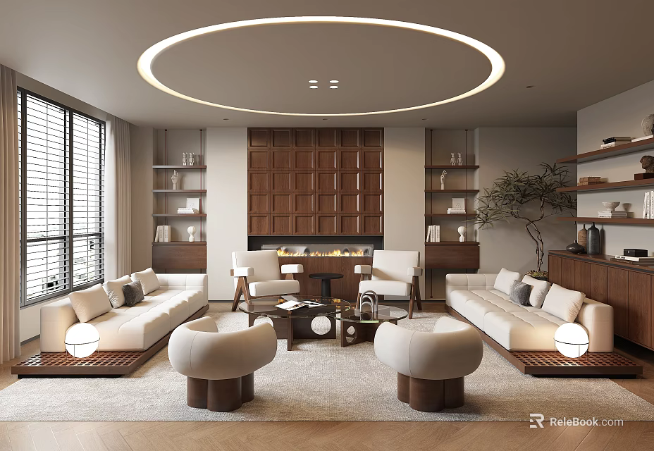 Warm Elegant Modern Living Room With Circular Ceiling Light Wooden Accents And Comfortable Sofa Sets 3d model 