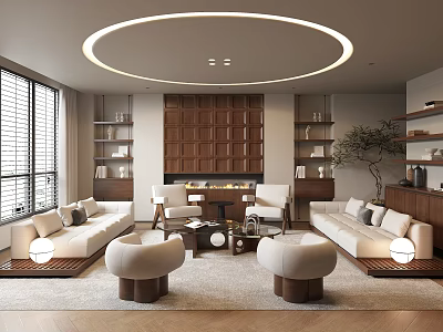 Warm Elegant Modern Living Room With Circular Ceiling Light Wooden Accents And Comfortable Sofa Sets 3d model