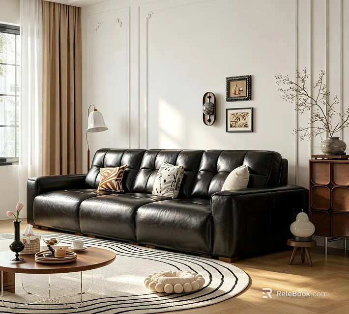 Retro Black Full Grain Leather Multi Seater Sofa Ideal For Warm Stylish Living Room Decor 3d model 