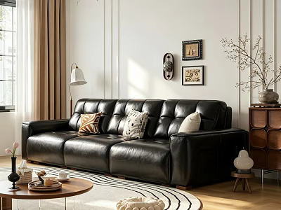 Retro Black Full Grain Leather Multi Seater Sofa Ideal For Warm Stylish Living Room Decor 3d model