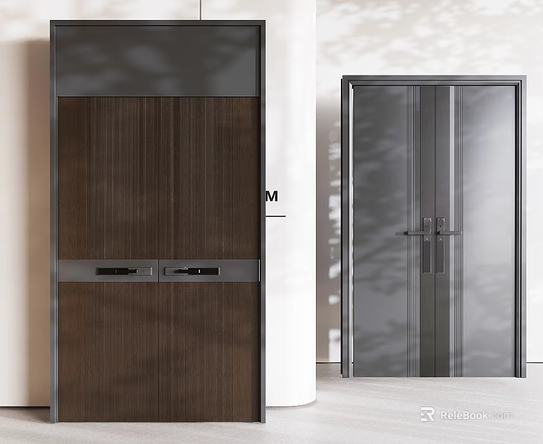Modern Double Doors Design With Wooden Vertical Stripes And Metal Glass Panels 3d model 