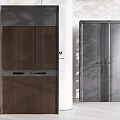 Modern Double Doors Design With Wooden Vertical Stripes And Metal Glass Panels