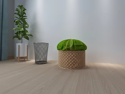 Enterprise Exhibition Hall Interior With Wicker Basket Green Lid Metal Trash Bin And Green Plant 3d model