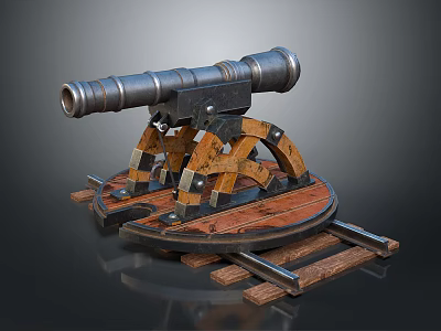 Vintage Cannon Style Decorative Ornament Set With Metal Barrel Wooden Carriage And Rail Base 3d model