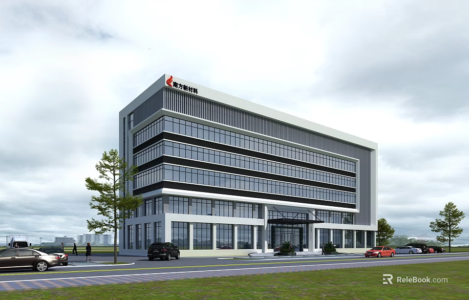Modern Multi storey Industrial Factory Building Exterior With Large Glass Windows Parking Lot And Trees 3d model 