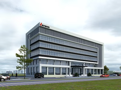 Modern Multi storey Industrial Factory Building Exterior With Large Glass Windows Parking Lot And Trees 3d model