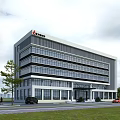 Modern Multi storey Industrial Factory Building Exterior With Large Glass Windows Parking Lot And Trees