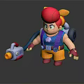 Animated 3D Game Character With Red Hair Mechanical Backpack Spray Gun Blue Vest Yellow Pants